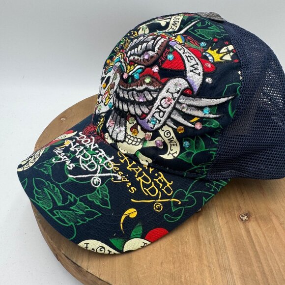 Vintage Ed Hardy Christian Audigier Love Kills Slowly Trucker Hat Y2K Bling - Picture 3 of 10